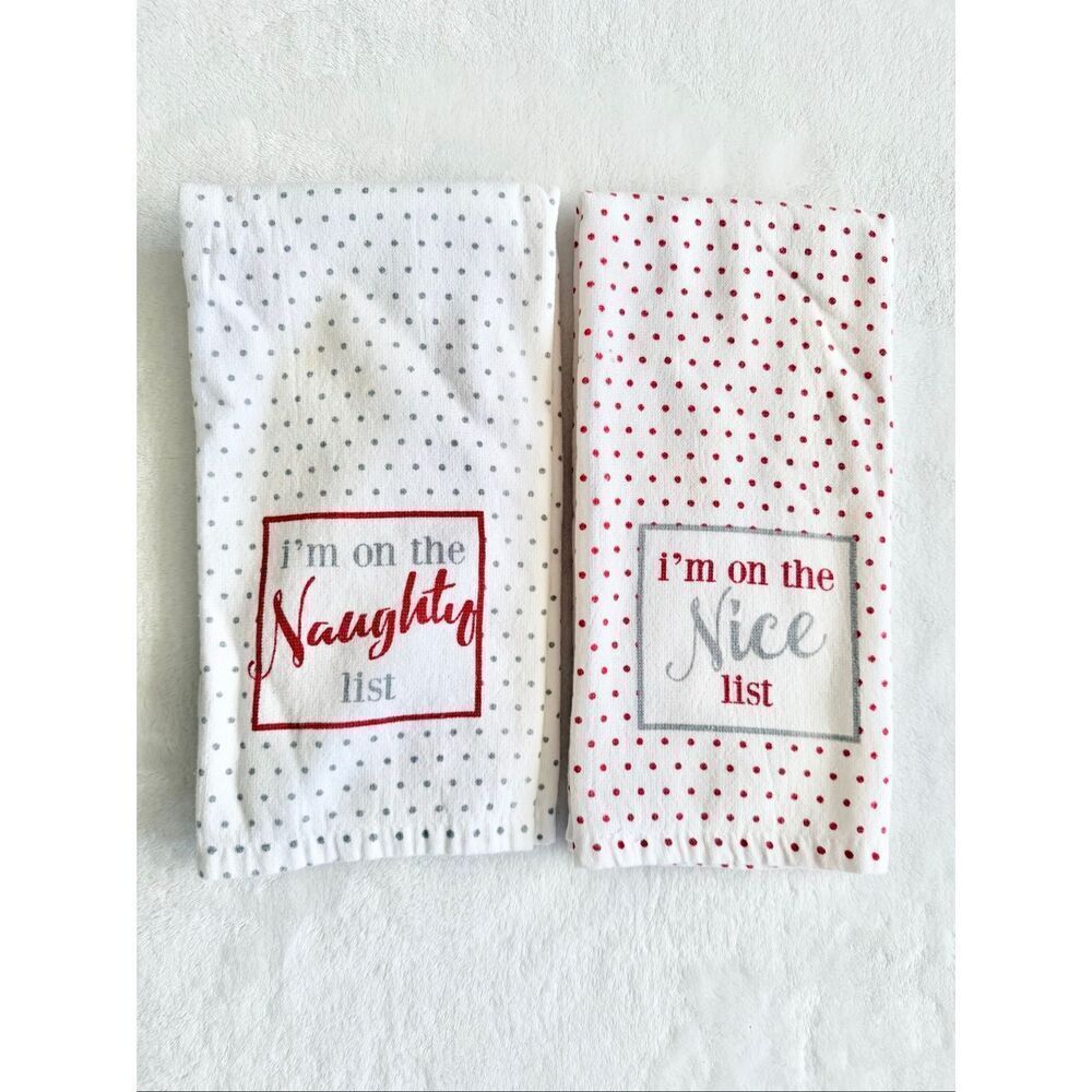 Naughty and nice polkadot red white and gray Christmas dish towels -set of two